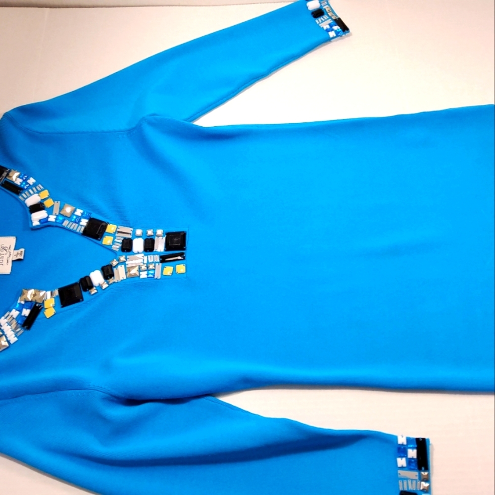 Just B jeweled blue sweater. Sz small. Long sleeve. Jewels also on sleeve bottom